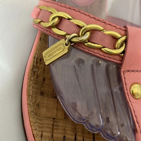 COACH Rizzo Pink Gold Chain Thong Sandals Cork Footbed Leather Sole As Is 7.5B - Picture 4 of 12